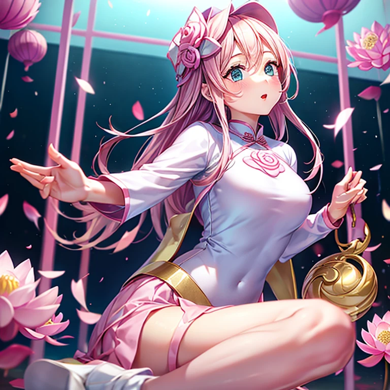 A high school girl wearing an ao dai buying sweets Tight Ao Dai highest quality Pink lotus pattern ao dai The waist is quite small Wear non la
