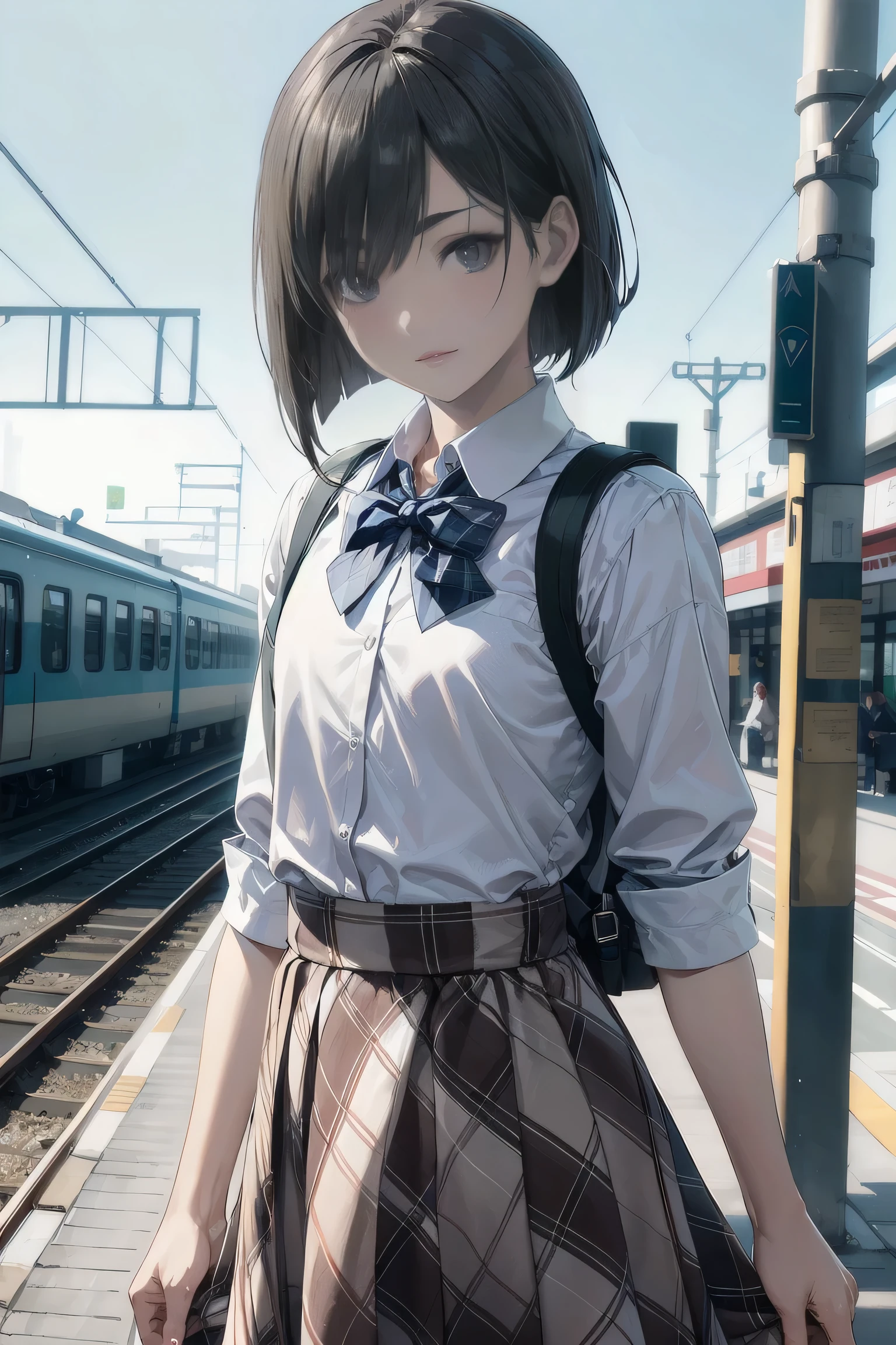 (SFW:1.6), (masterpiece, best quality, awesome extremely realistic, high resolution:1.3), 1girl, solo, Japanese, 17yo, (tall:1.3), BREAK (black short bob, straight hair:1.4), bangs, (tsurime:2.1), (hair over left eye:1.9), (very thin eyes:1.7), (thick eyebrow:1.4), closed mouth, (looking down on light smile:1.2), (blush:1.4), (flat chest:1.7), BREAK , (plaid bow:1.5), (round collared cutter shirt:1.6), (plaid midi skirt:1.7), black socks, Brown rofers BREAK from below, standing, carrying backpack, unmoving pattern, railways Station platform, sunlight, blue sky,