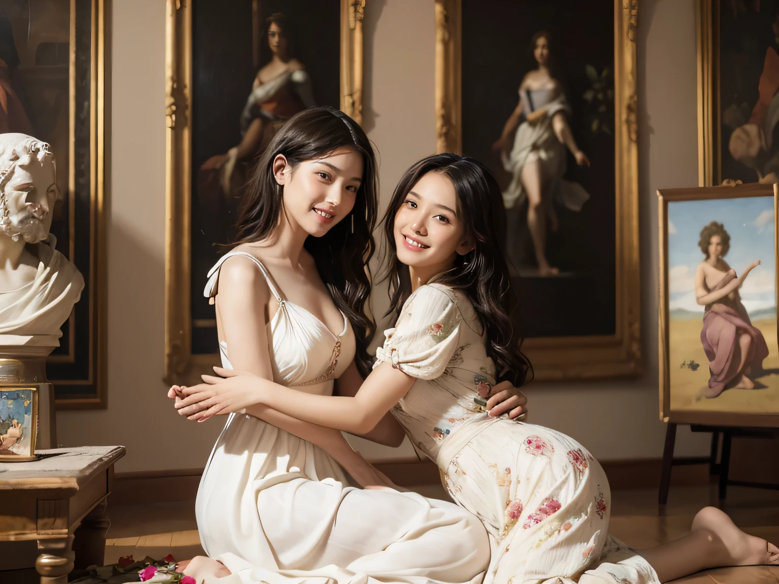 full body portrait or statue、Giorgione painting style,Arguments of two female Philosophe,math、astronomical machine、astronaut、roses in vase、fruits、Cute trinkets、smile、ancient greek costume、Ancient Roman landscape in the style of Nicolas Poussin,laughter,,Sweet and seductive appearance.、Caravaggio's paintings、Chiaroscuro of Caravaggio、hair tousled by the wind,Two women frolicking,cute smile, expression of ecstasy,Sexy,erotic, 
