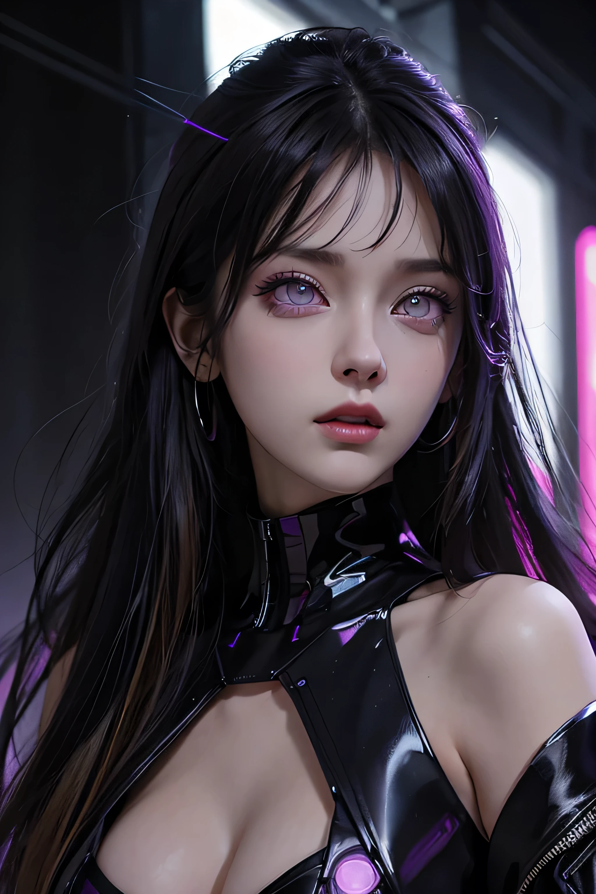 One female , bright purple eyes , "pupils glowing purple" , black hair , blonde highlights" , very_long_hair , big_breasts , wearing necakle neck,perfect figure , detailed face ,perfect face, upper body, masterpiece , best quality , ultra detailed , (detailed background) , perfect shading , high contrast , best illumination , extremely detailed , ray tracing , realistic lighting effects , neon noir illustration , perfect hands:1.1