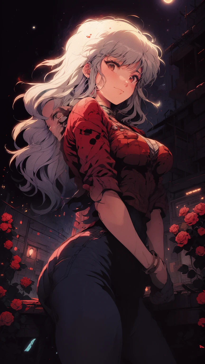 retro 90s anime style, movie poster:1.2, soft moonlight, dramatic angle:1.25, One:1.4, 1 girl, dark white hair, square, Brown eyes, arrogant smile, street в крепости straw hat, red checkered shirt, thorny roses, looking:1.3, fantastically colorful, fortress, neon street at night, lunar sky, street:1.3, masterpiece:1.2, ultra detailed, Best quality, illustration, depth of field.