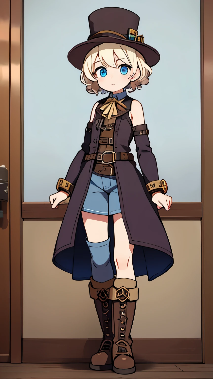 Age unknown,Unknown gender,steampunk,Platinum blonde curly short hair,Ice Blue Eyes,Work boots on your feet