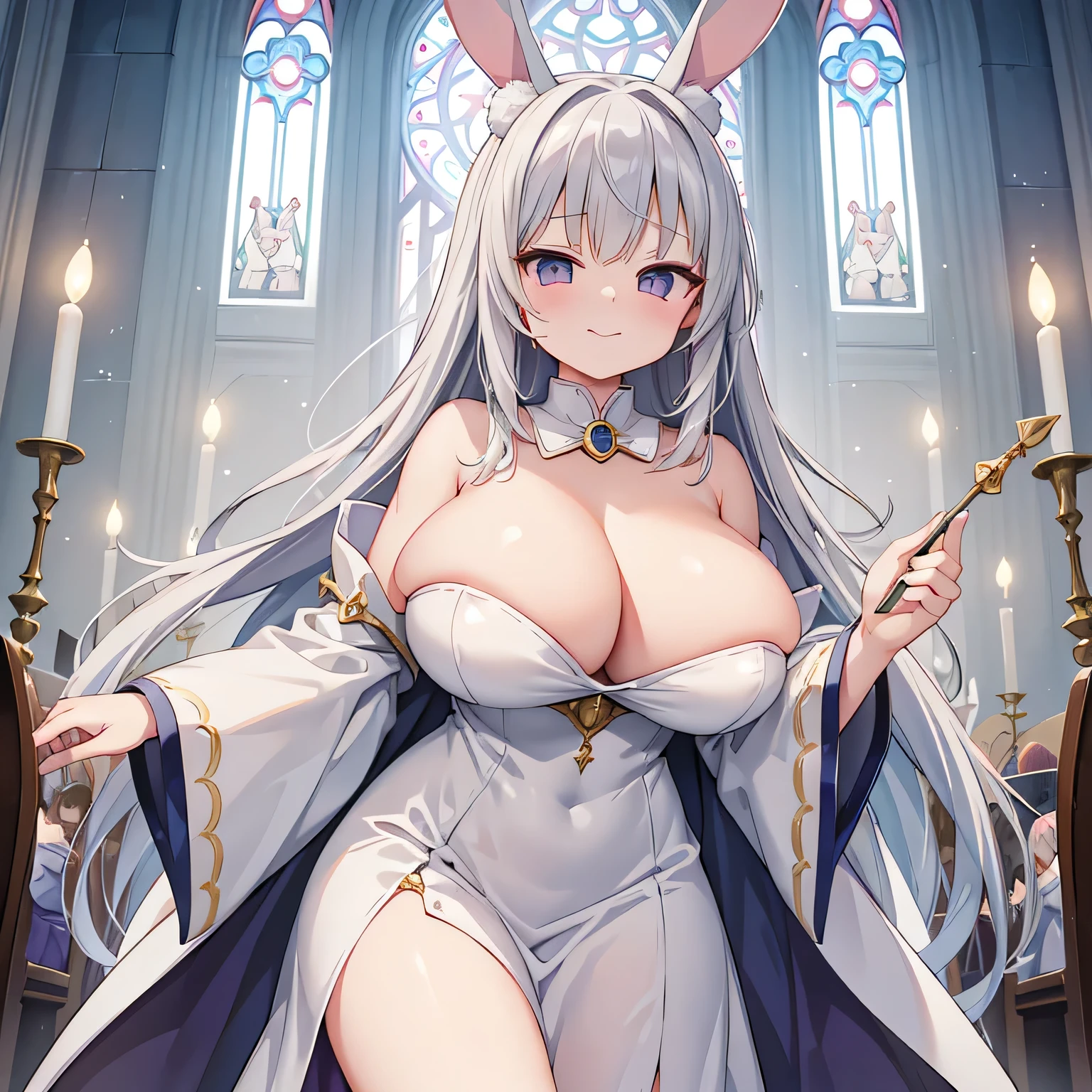 highest quality、、Big Breasts、Cleavage、Rabbit Girl、White bunny ears、Long silver hair、Holy Dress、A wand with a magic stone on the tip、smug face、Inside the church