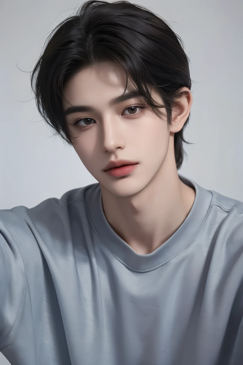 ((highest quality, 8K, masterpiece: 1.3))、Instagram selfie pictures、Room background、Handsome boy in kpop fashion:1.5, -yeld、Dequent boy、 well-groomed face, black hair color、thin face、(white skin:1.5)、whole body、(beckoning:2.0)、dark eyes、Super handsome、sexy eyes、Extra-fine face、handsome nose、small eyes and face、beautiful lighting, High resolution, detailed mouth、smile、whole body: 1.5、perfect body shape、super slim、medium hair、STUSSY clothes、Oversized clothes.