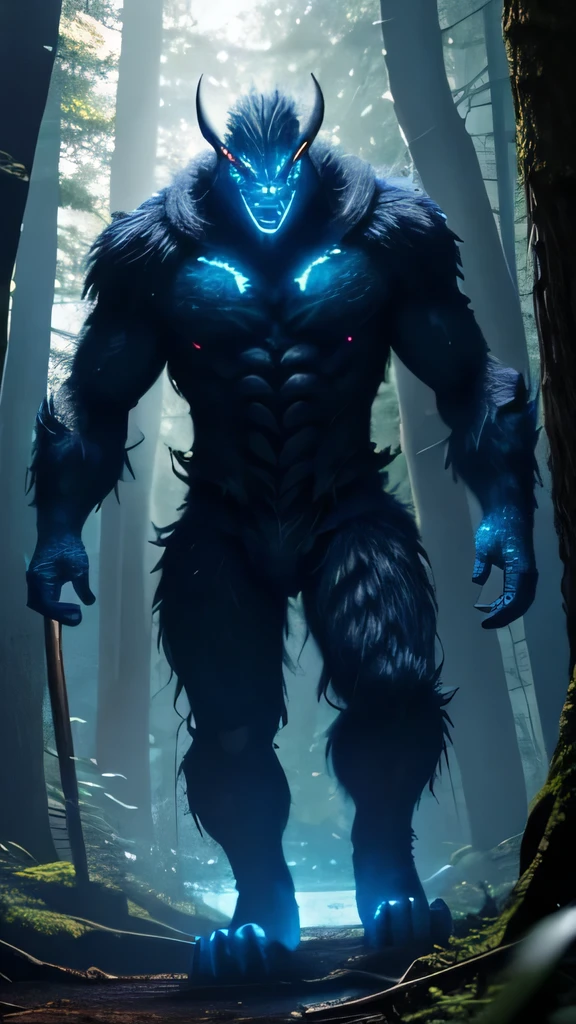 A giant monster with blue glowing eyes stading in forest at forest
