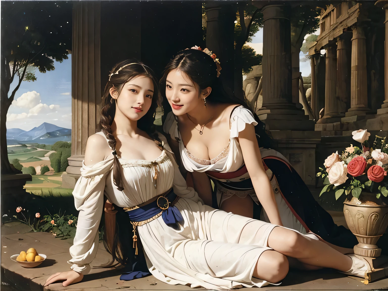 full body portrait or statue、Giorgione painting style,Arguments of two female Philosophe,math、astronomical machine、astronaut、roses in vase、fruits、Cute trinkets、smile、ancient greek costume、Ancient Roman landscape in the style of Nicolas Poussin,laughter,,Sweet and seductive appearance.、Caravaggio's paintings、Chiaroscuro of Caravaggio、hair tousled by the wind,Two women frolicking,cute smile, expression of ecstasy,Sexy,erotic,