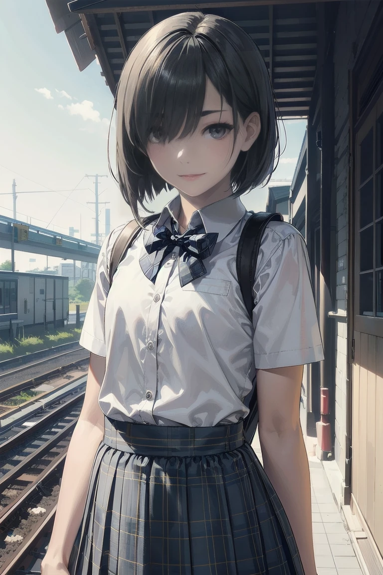 (SFW:1.6), (masterpiece, best quality, awesome extremely realistic, high resolution:1.3), 1girl, solo, Japanese, 17yo, (tall:1.3), BREAK (black short bob, straight hair:1.4), bangs, (tsurime:2.1), (hair over left eye:1.9), (very thin eyes:1.7), (thick eyebrow:1.4), closed mouth, (looking down on light smile:1.2), (blush:1.4), (flat chest:1.7), BREAK , (plaid bow:1.5), (round collared cutter shirt:1.6), (plaid midi skirt:1.7), black socks, Brown rofers BREAK from below, standing, carrying backpack, unmoving pattern, railways Station platform, sunlight, blue sky,