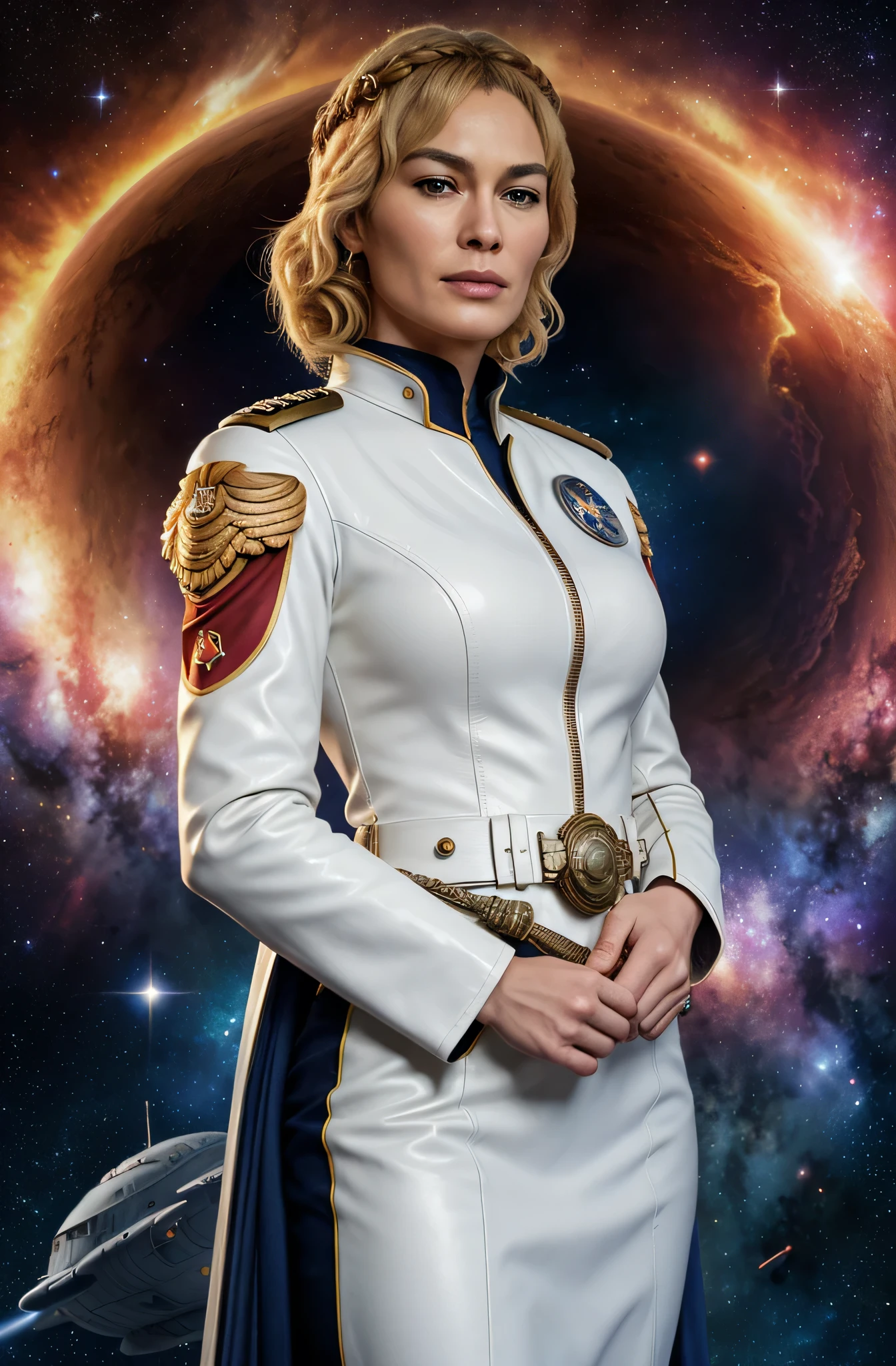 award-winning professional and realistic photo of beautiful 30 year old Cersei Lannister as Space Battleship captain, white leather military uniform, sci-fi officer, propaganda poster, professional hairstyle, commanding, medals on uniform, immense sci-fi nebula background, detailed textures, sharp focus, ultra-high pixel detail, 16k RAW footage, masterpiece