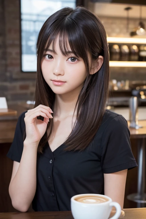 one girl, (a beauty girl, delicate girl:1.3), (14 years old, change:1.3),水着
break, Very fine grain definition, (Symmetrical eyes:1.3),
break, (Cafe:1.3), perfectly trimmed fingers,
break, Large Breasts, Brown eyes, Parted bangs, Brown Hair,  girl,
break, (Eyes and facial details:1.0),
break, (masterpiece, highest quality, Super detailed, Detailed face, 8k)