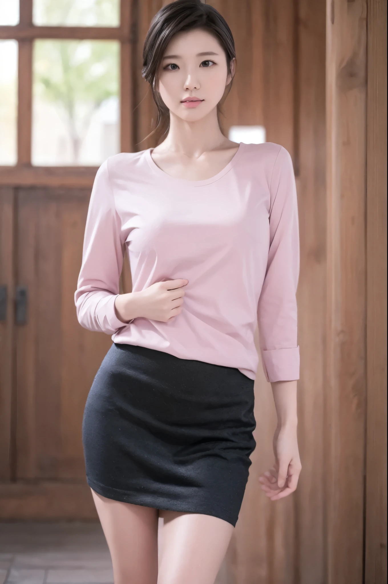 One girl, hikarisena, chest,  Are standing, View your viewers, Cowboy Shot,
Dynamite ignition, Attractive body, Wearing a pink shirt, Black Skirt,
(Ulzzang-6500:0.0), (Ultimate Quality, masterpiece, High resolution:1.0), (photoRealistic, Realistic:1.9),  Nice hands, 