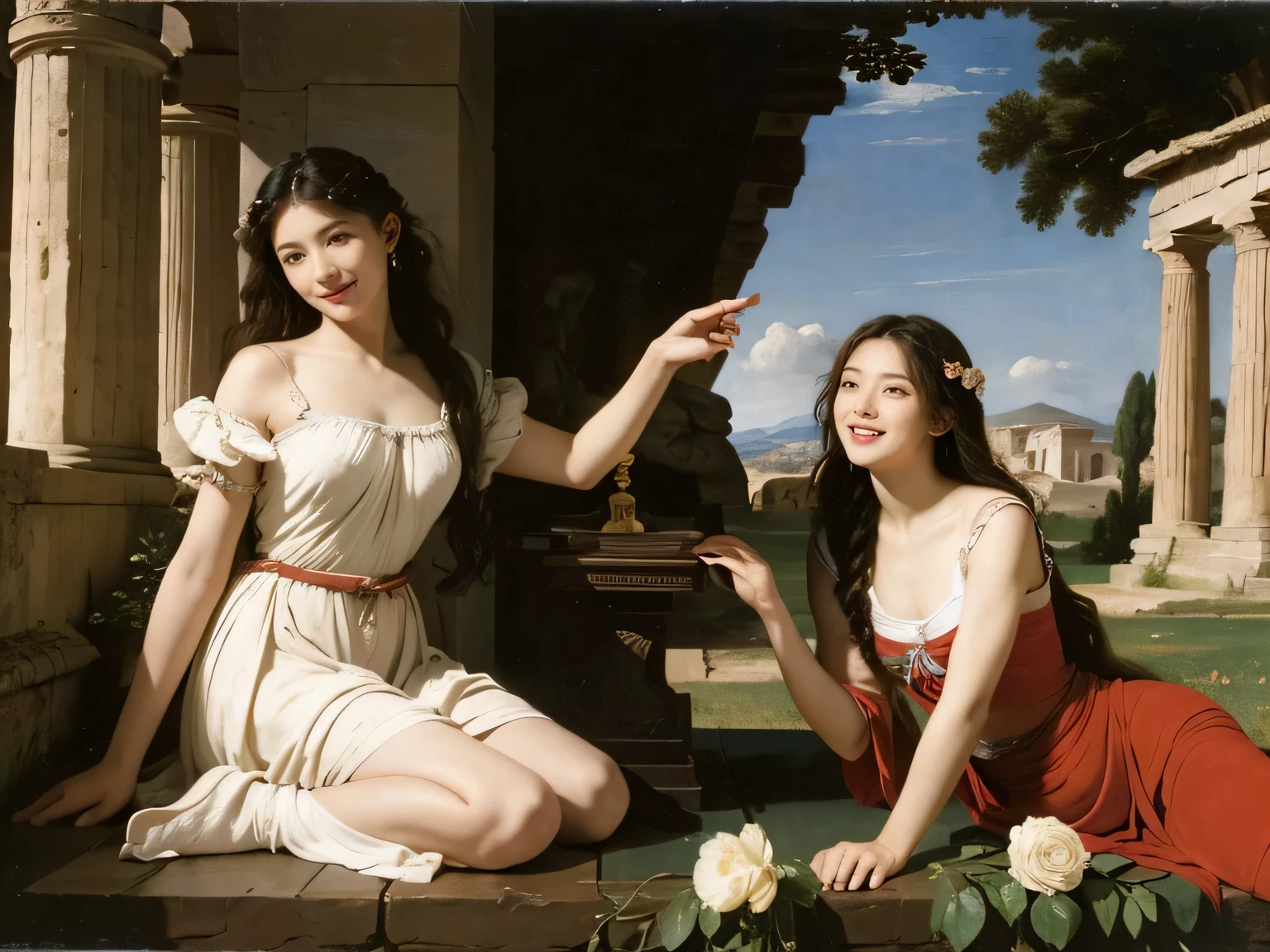 full body portrait or statue、Giorgione painting style,Arguments of two female Philosophe,math、astronomical machine、astronaut、roses in vase、fruits、Cute trinkets、smile、ancient greek costume、Ancient Roman landscape in the style of Nicolas Poussin,laughter,,Sweet and seductive appearance.、Caravaggio's paintings、Chiaroscuro of Caravaggio、hair tousled by the wind,Two women frolicking,cute smile, expression of ecstasy,Sexy,erotic,