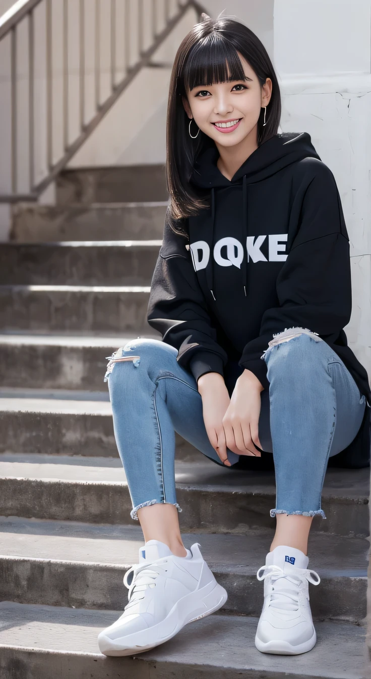 highest quality, Realistic, Very detailed, Finer details, High resolution, 8k wallpaper, One beautiful woman,Sit on the stairs、 Oversized hoodie, Skinny jeans, White sneakers、Wear black socks、Black Hair、 Beautiful Bangs、ear piercing、smile、Beautiful teeth alignment、hairstyle semi long、Perfect dynamic composition, Beautiful and detailed, Full Body Shot, A big smile

