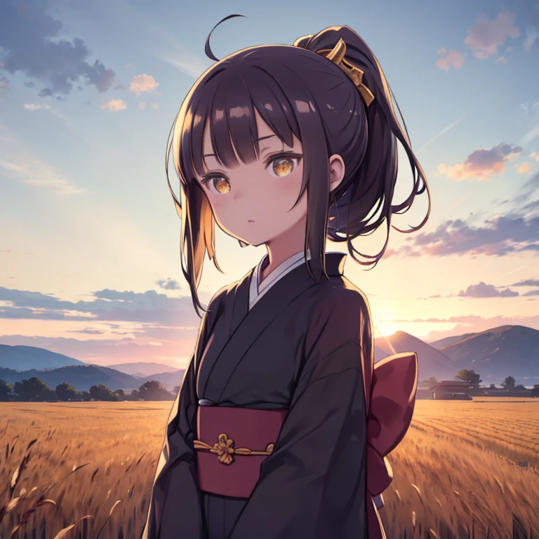 A girl in a kimono stands expressionless in a wheat field up to her waist, Black kimono with gold rimming, her hair is tied in a ponytail, Yellow Eyes, The sunset in her eyes, The light hits her face, Half landscape orientation to the camera