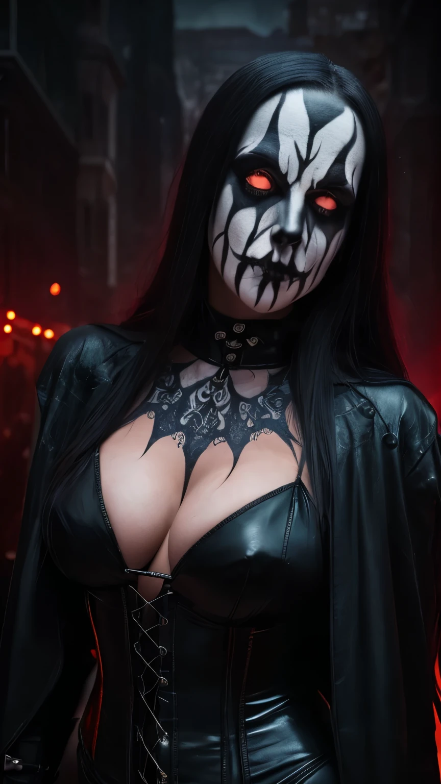 (masterpiece, best quality:1.2), (((1girl ))) , solo, highres, best quality, Half body shot of a pretty Hot girl, young, 19yo, redhead, pale white skin with (((black metal corpsy paint))), heavy White and Black face paint, wearing a black overcoat, corset, spike, in a gothic cemitery, at night, horror movie. high details, super detail, textured skin, masterpiece, UHD, 4K, 8k. ((Cinematic lighting)). Gothic cemitery background 