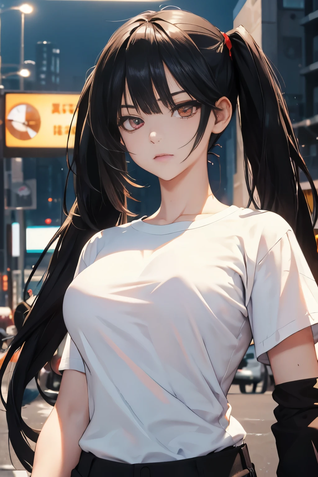 Optimal，masterpiece，High resolution，highest quality，Hyper HD，Very detailed，Award-winning，16k，alone，（Upper Body），Correct Anatomy，Beautiful Cyberpunk Girl，Upper Bodyの写真、Cute face，，Black Hair、Long Hair、Twin tails、Hairline，（（Scarlet Eyes）），Long eyelashes，Drooping eyelids，White skin，((Shoot from the front:1.5)), ((White T-shirt:1.5)), ((Clock Top:1.5))、rocket , (Large Breasts),