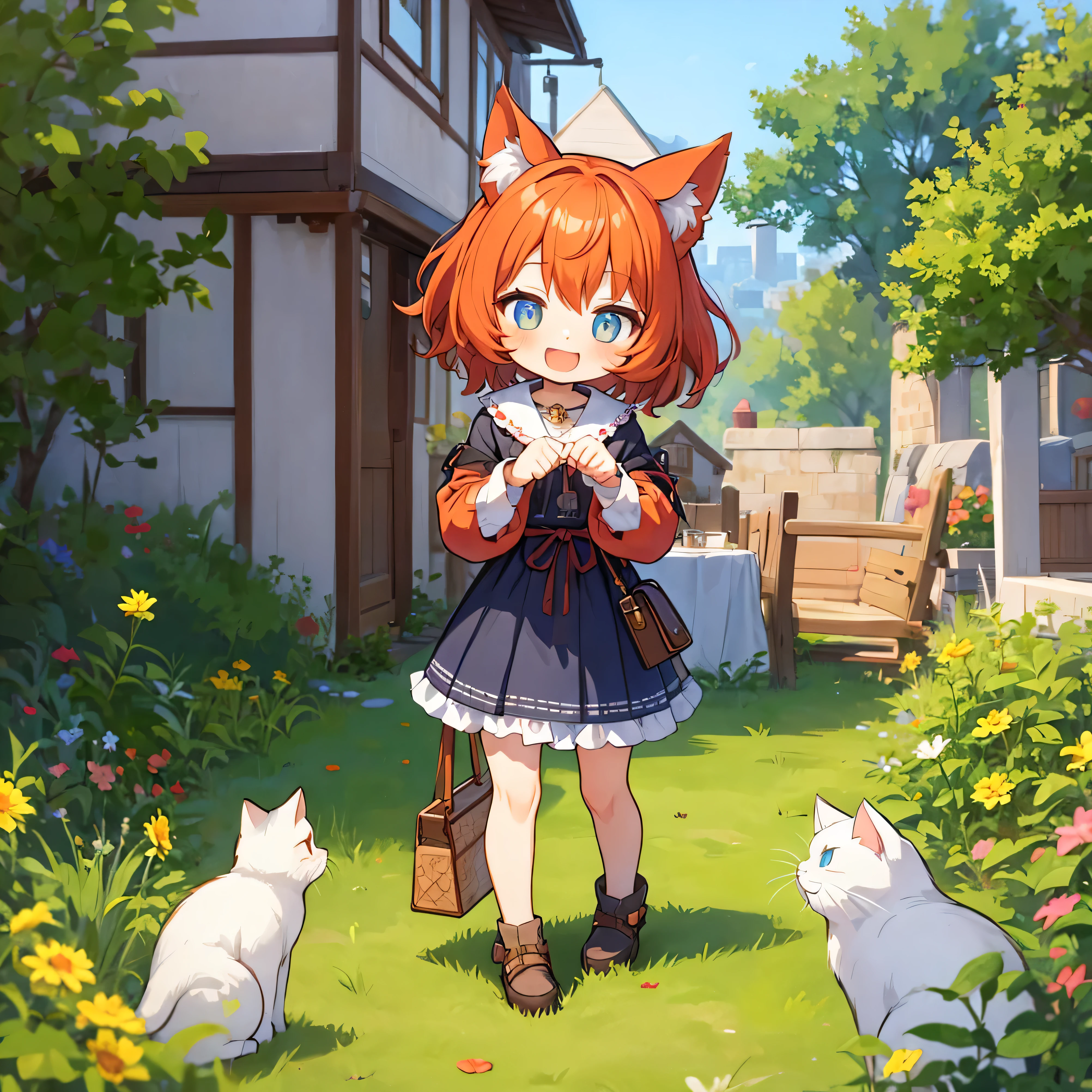 red short hair, cat ears, girl, Blue skirt, cute character, SD characters, Medieval RPG, shyly happy pose