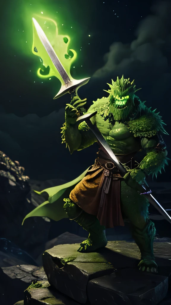 A green scary monster holding a big lava sword at night