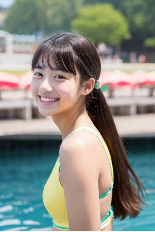 high school girl、A sloppy smile、White swimsuit、bikini、Japanese、amusement park、Pool、Flower Garden、Baby Face
