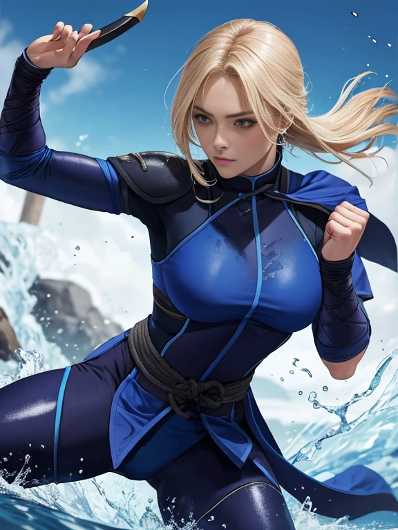 Mujer rubia Francesa cabello ondulado Kunoichi cuerpo firme senos perfectos traje de ninja azul usando ninjutsu de agua