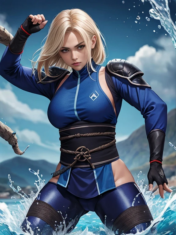 Mujer rubia cabello ondulado Kunoichi cuerpo firme senos perfectos traje de ninja azul usando ninjutsu de agua