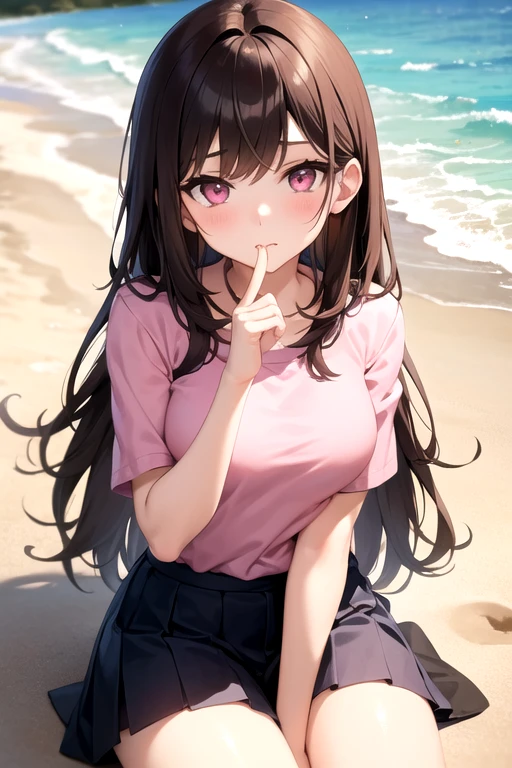another girl sitting on the beach has brown hair wearing a light pink shirt and pink eyes