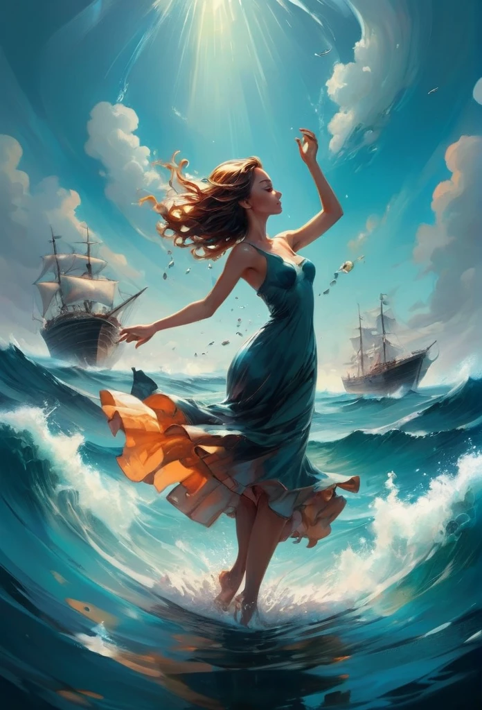 Dancing on the Sea Surface, by Cyril Rolando, best quality, masterpiece, very aesthetic, perfect composition, intricate details, ultra-detailed