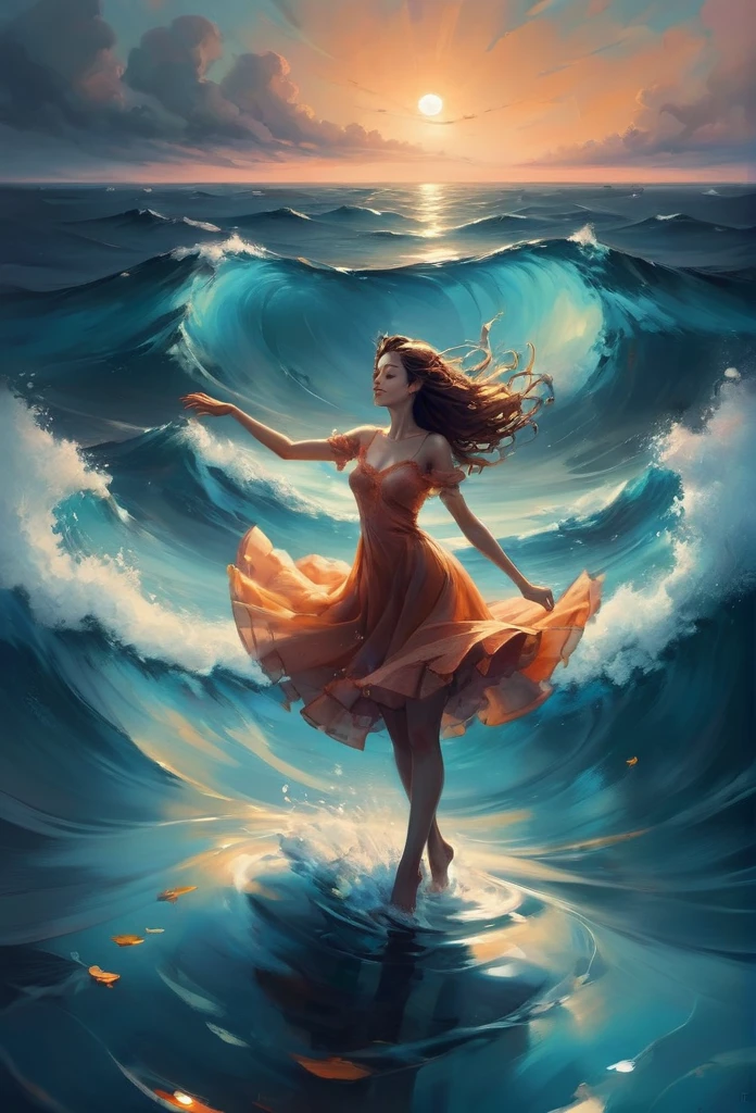 Dancing on the Sea Surface, by Cyril Rolando, best quality, masterpiece, very aesthetic, perfect composition, intricate details, ultra-detailed