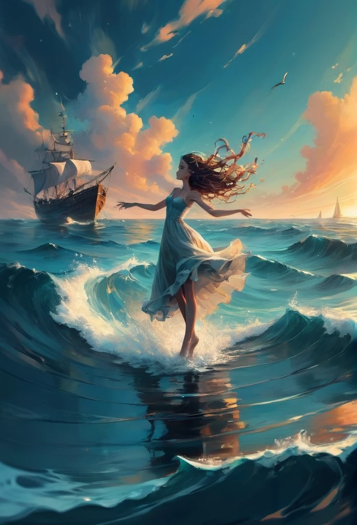 Dancing on the Sea Surface, by Cyril Rolando, best quality, masterpiece, very aesthetic, perfect composition, intricate details, ultra-detailed