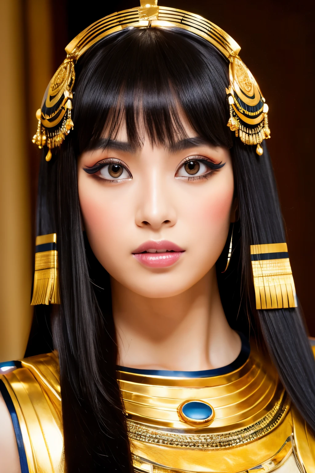 Masterpiece, high quality, high resolution, 8K, Skinny Japanese woman in a costume of Cleopatra, beautiful face, makeup of Cleopatra, detailed face, detailed eyes