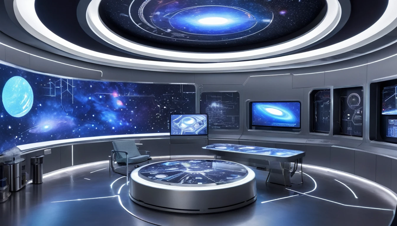 Imagine a futuristic space launch pad décor with brushed steel-gray walls, floating holoprojections of schematics and technical information, and a large bay window overlooking a brightly-colored abstract starscape.