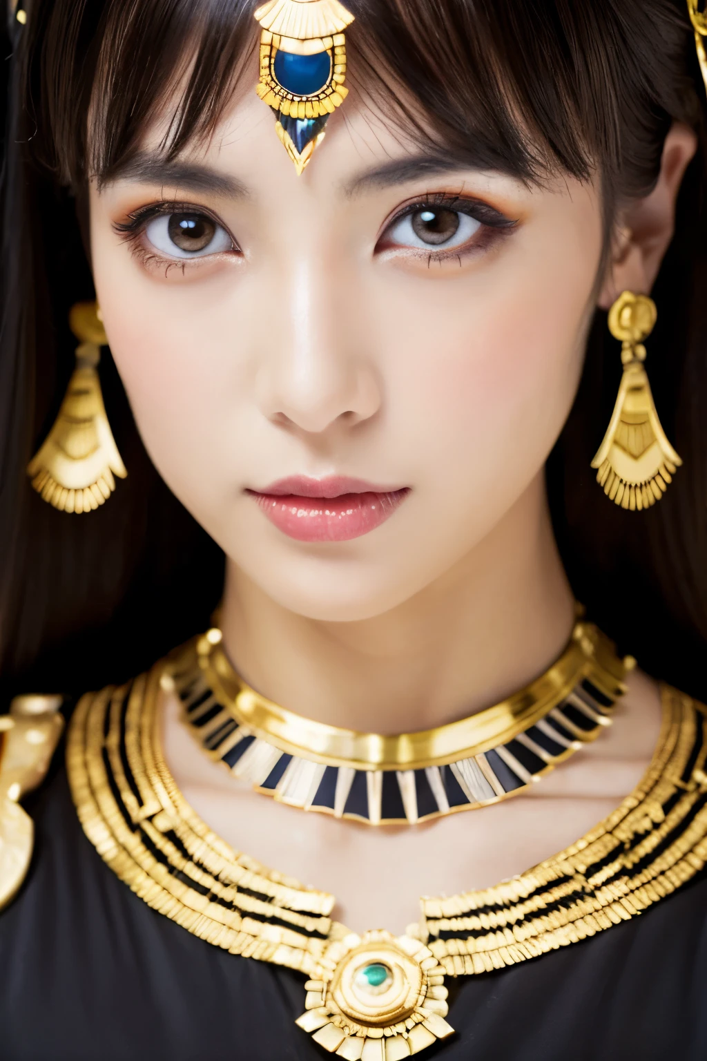 Beauty,((masterpiece)),((Highest quality)),((8K)),((Ultra high definition)),((high resolution)),((detailed)),((Perfect body)),((Perfect Face)),Beauty、Shiny Hair、Slanted Eyes、((Very heavy makeup:1.2))、Glowing Skin、Very white skin、Glowing Skin、Jet Black Hair、Long Hair、Very long black hair、Beautiful and detailed、smile、21 years old、((エジプトのView of the Royal Palace:1.3))、View of the Royal Palace、Concubine、((王Concubineの髪飾り))、((Royal Palace of Egypt))、王Concubine、gold、Royal Bedroom、sexy、((エジプト王Concubineのgoldの衣装))、((Angle of view that allows you to see the whole body:1.3))、(((nup, nefertari:1.2))、Cleopatra、(naked:1.1)