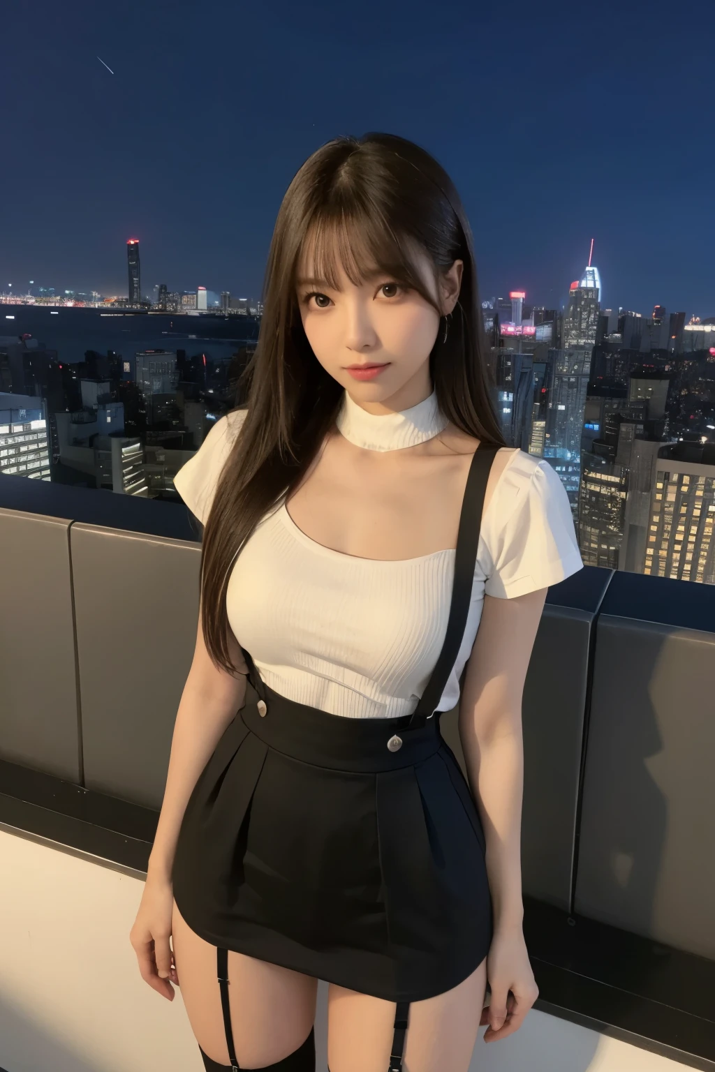 ((Midnight, highest quality, 8k, masterpiece :1.3)), whole body, Long legs, Sharp focus :1.2, Beautiful woman with perfect figure :1.4, Slim Abs :1.1, ((Dark brown hair, Big Breasts :1.2)), (White tight T-shirt, Jean Bib, Are standing:1.2), ((Night city view, rooftop:1.3)), Very detailedな顔と肌の質感, Fine grain, Double eyelids one girl,highest quality,masterpiece,figure,Very delicate and beautiful,CG,Unity,8k wallpaper,wonderful,In detail,masterpiece,Official Art,Very detailed CG Unity 8k wallpaper,Incredibly absurd,Large file size,Very detailedな,High resolution,Very detailed,Beautiful detailed girl,Realistic,from the front,Outdoor,　suspenders　　　Large swollen breasts　　 　 　　　　Black mini skirt　garter belt　Knee-high socks　　　　　　　bangs 　　　　　Beauty　　Hands up　　 　　Black boots 　　　　one person 　　　Dress shirt　　　Hands Behind Back　put your hands behind your back　　With your hands behind your back　Armament　holster　　A room at the Belt Hotel　Bed　Wall side