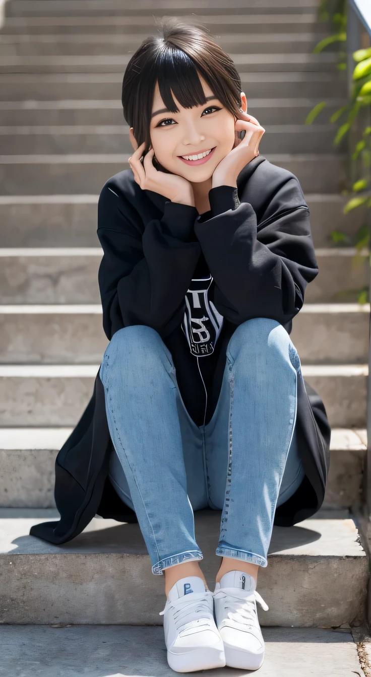 highest quality, Realistic, Very detailed, Finer details, High resolution, 8k wallpaper, One beautiful woman,Sit on the stairs、 Oversized hoodie, Skinny jeans, White sneakers、Putting on socks、Black Hair、 Beautiful Bangs、ear piercing、smile、Beautiful teeth alignment、Short Haircut、Perfect dynamic composition, Beautiful and detailed, Full Body Shot, A big smile