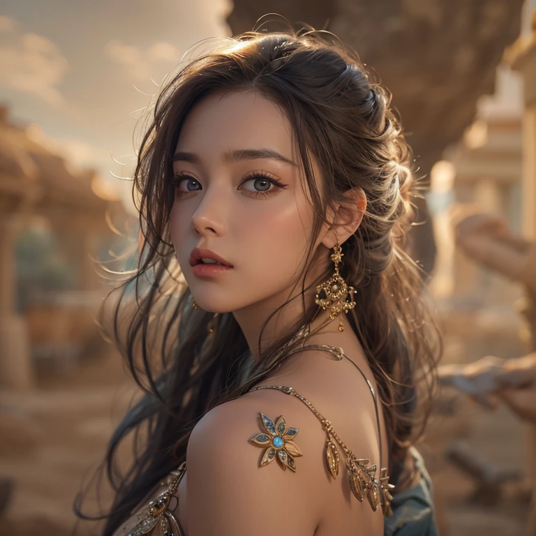 desert、Hair flows、 ((highest quality、masterpiece、8k、best image quality、ultra high resolution、Award-winning work)、(close-up of woman's face:1.35)、(close-up of naked face:1.3)、(accurate ???????:1.1)、(look at me and smile:1.1)、Shining fair skin with ultra high resolution、most detailed face、ultra high resolution detailed face、ultra high resolutionの髪の毛、(ultra high resolutionの煌めく瞳:1.1)、Beautiful face drawn in every detail、(blurred background:1.1)、ancient Islamic clothes, chest together, tattoo, Old ruins in the background、