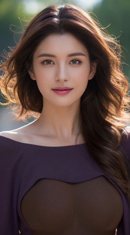 Woman in purple overalls,lens flare、(8k、original、professional、Top quality、masterpiece:1.2)、(realism、Photorealistic:1.37)、Super detailed、(25mm Portrait Front View)、(Highest detail skin:1.2)、(Extremely detailed face:1.2)、cinematography lighting、1 woman、Black long curly hair、(wind)、warm white light、Sweet smile、Frontal Shot、((Top quality、8k、masterpiece:1.3))、Beautiful Women in Perfect Shape:1.4、Slim abdominal muscles:1.3、((Dark brown hair、Big Breasts:1.5))、Highly detailed face and skin texture、Delicate eyes、Double eyelids,(Purple clothes,Off-shoulder)