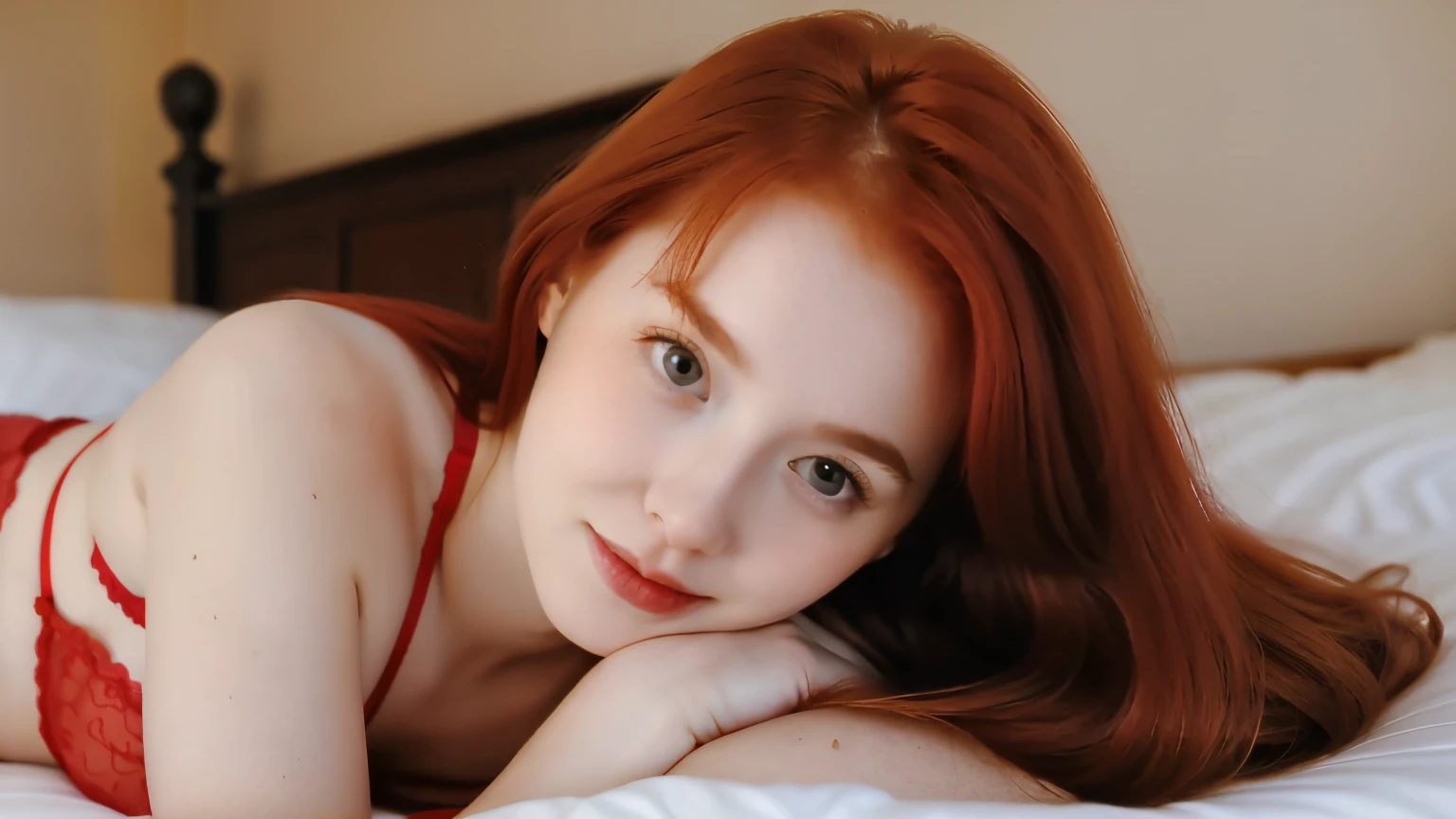 redhead woman in a red bra top with cute doting eyes, sexy look at the camera, redhead hair and large eyes, posing in bed, very beautiful cute catgirl, pale fair skin, soft portrait shot 8 k, bedroom eyes, posing in a bedroom, blonde goddess, big round cute eyes