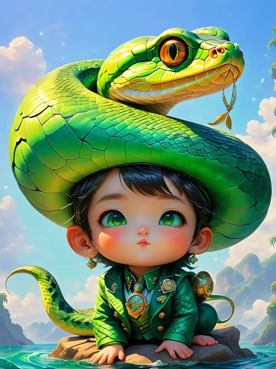 Envision a vibrant and dynamic image of Captain Brave Tail, a diminutive snake characterized by a bright green hue, This cheerful creature possesses eyes filled with twinkle and merriment, Perched atop his head is a petite captain's hat adorned with dynamic, vibrantly coloured feathers, Underneath this dapper accessory, a few fun and playful snake patterns are visible, these patterns amplify the impression that he is indeed a true, albeit unconventional, sea captain，3D Rendering，Solid color background，chibi anime，Surrealism, Cartoon Style, full-body shot, Super Detail, Anatomically correct, masterpiece, precise