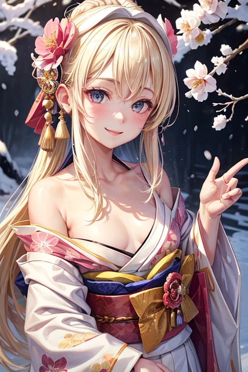 Very detailed CG Unity 8K wallpaper, Cute One Girl, Mature blonde girl, half updo,beautiful Girl, hot maiden, pale skin (Super masterpiece, Beautiful person, well detailed face polluted smile, flat chest is hidden by kimono、Photorealistic, hyper realisitic), Colorful winter kimono in gold and white colors 、has white fur、 Japanese Style Hair Accessories, (Light Lighting)、smile,Upper body 、Japanese background with pink flowers and snow