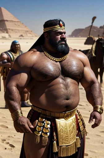 A shirtless Egyptian warrior full body obese bodybuilder with a very oiled body a sweaty old man with a headdress and extremely muscular and extremely fat over 70 years old weighing over 600 pounds very muscular very hairy large pecs with dark nipples with gynecomastia in a desert oasis with a camel in a small leather skirt with gold applications