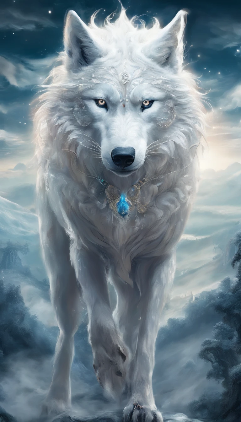 chinese mythology，giant white wolf，thick clouds，（（（9 tailoring，moon，master piece，best image quality，super fine，super magical，super detailed，8K resolution，OC renderer，dynamic viewing angle , ((front view:1.4)), One animal,