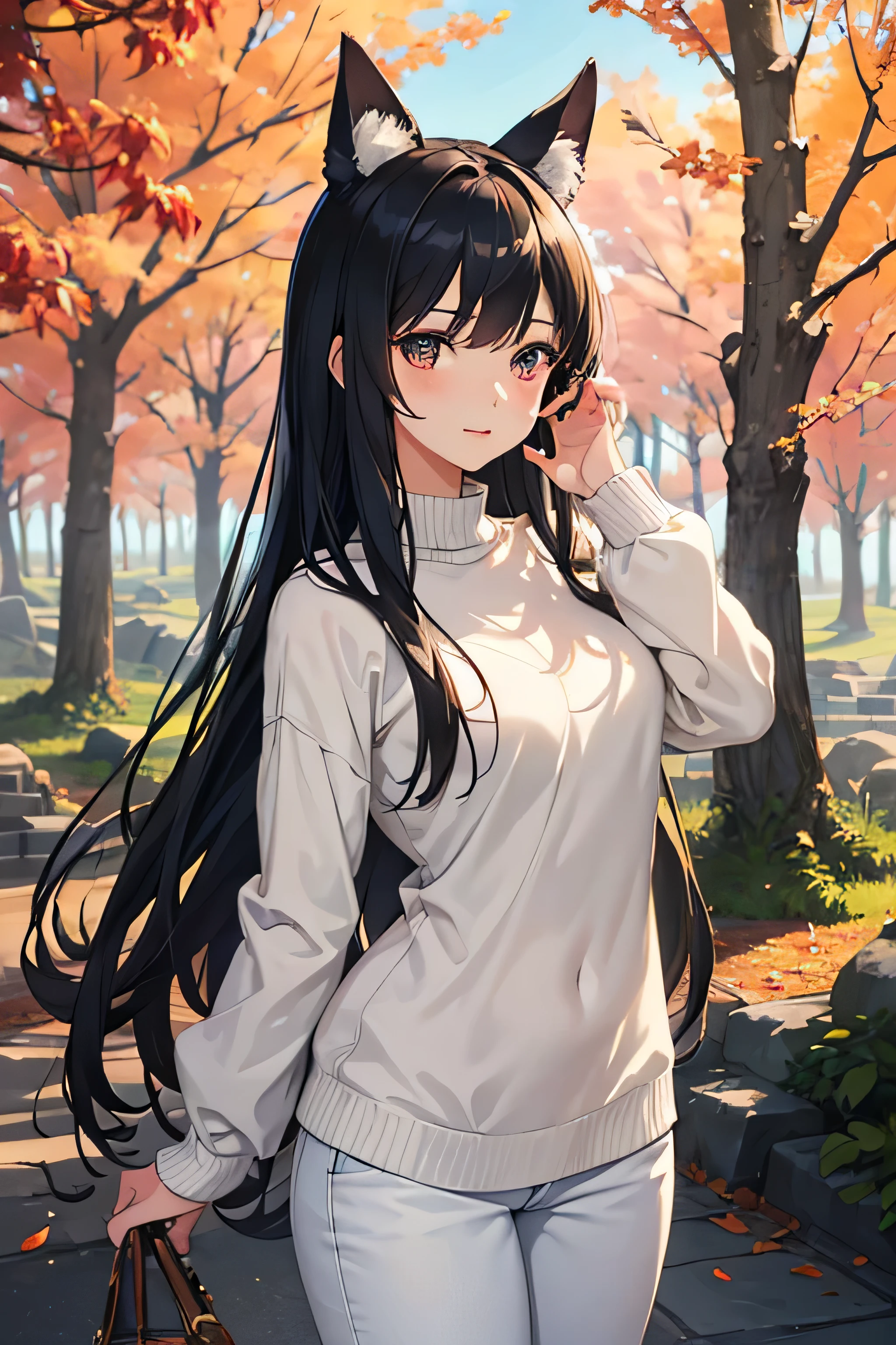 (best quality,4k,highres,masterpiece:1.2),ultra-detailed,realistic,anime girl with animal ears,white sweater under black jacket,black hair,long-flowing hair,looking into the viewer,bright and expressive eyes,delicate facial features,Cute and innocent smile,well-defined lips,H cup,properly covered by clothes,pink blush on the cheeks,soft and flawless skin tone,airy and comfortable clothes,fitted black jeans,black leather boots,trendy accessories,confident posture,standing in a serene and beautiful natural setting,fluttering autumn leaves in the background,soft sunlight filtering through the trees,subtle lens flare,peaceful and dreamlike atmosphere,rich and vibrant colors,harmonious color palette,pastel tones,anime style with intricate details,captivating and lively personality,subtle hint of mischief in her expression,perfect balance of cute and alluring,charming and charismatic presence,scenario set in a fantasy world,with hints of magic and wonder,highly detailed background elements to immerse the viewer,impeccable attention to lighting and shading,creating depth and dimension,meticulously drawn textures and patterns,exquisite craftsmanship,creating a sense of awe and admiration,showcasing the beauty and allure of the anime girl with animal ears in an enchanting and captivating way.
