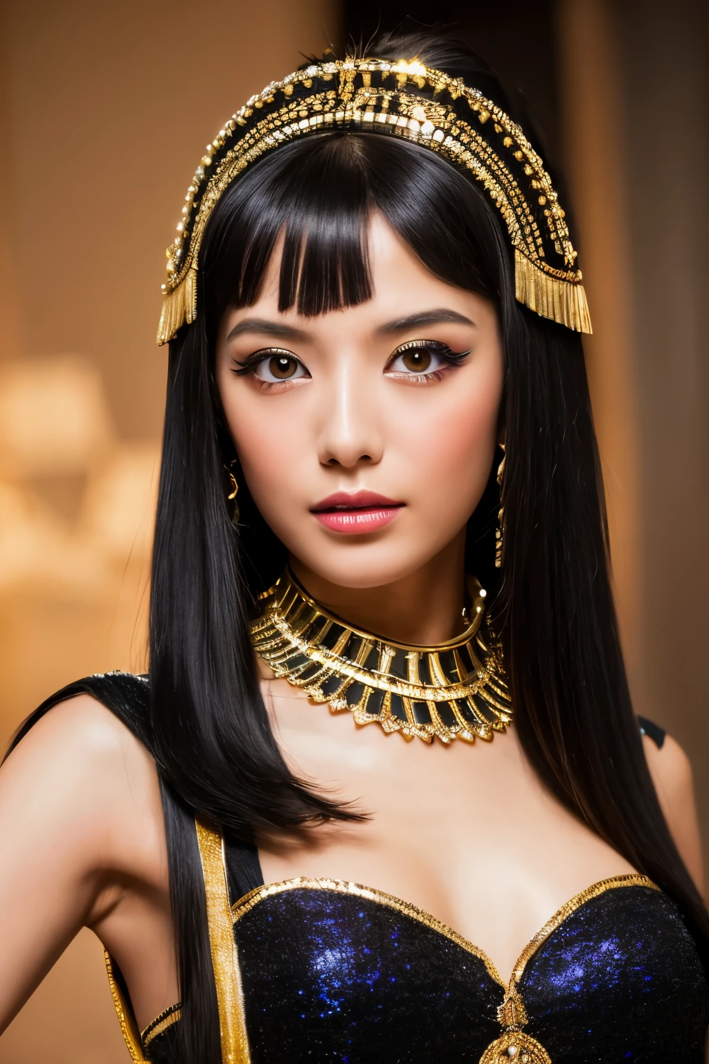 Masterpiece, high quality, high resolution, 8K, Skinny Japanese woman in a costume of Cleopatra, beautiful face, makeup of Cleopatra, detailed face, detailed eyes