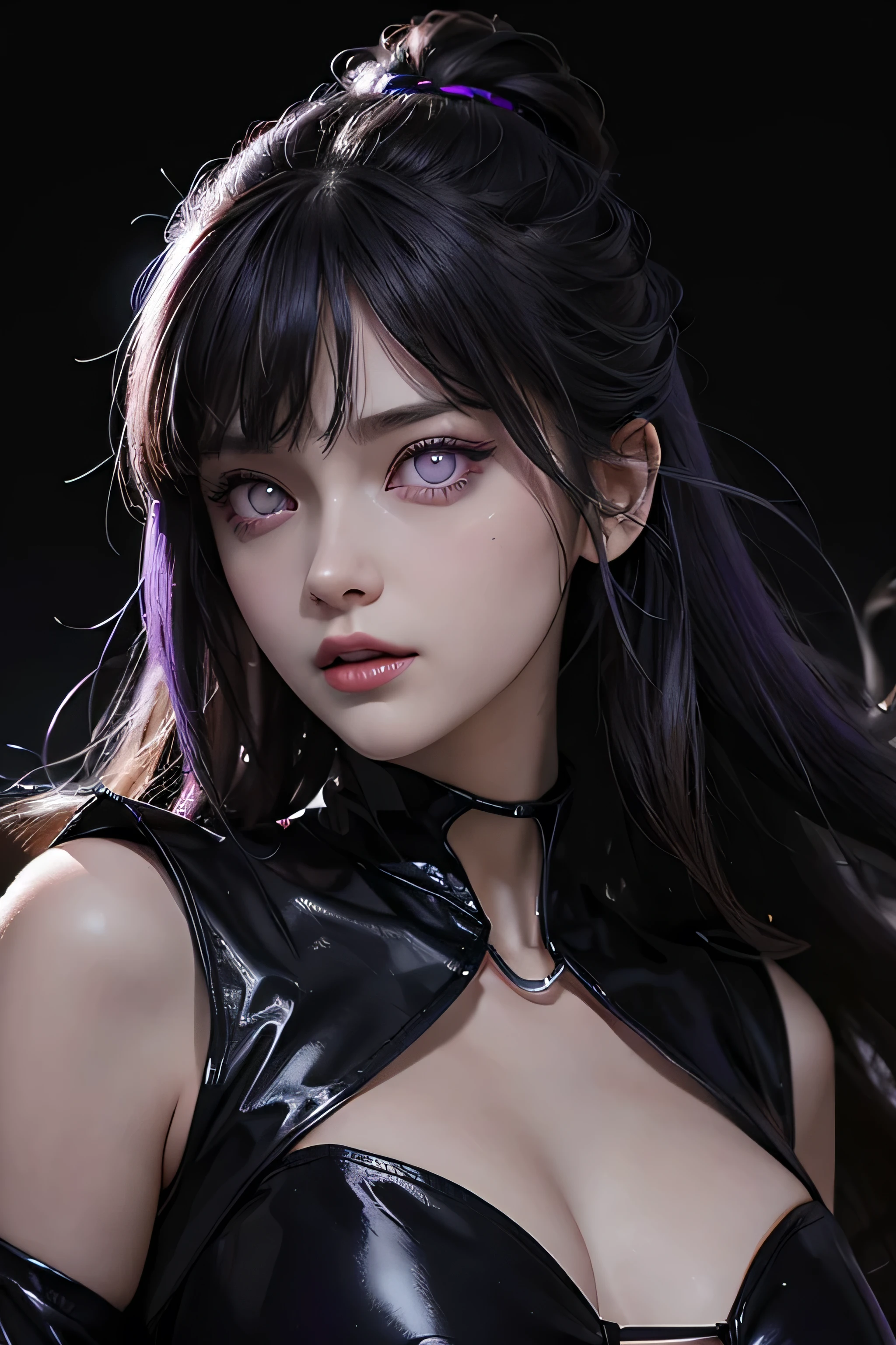 One female , bright purple eyes , "pupils glowing purple" , black hair , blonde highlights" , very_long_hair , big_breasts , wearing necakle neck,perfect figure , detailed face ,perfect face, upper body, masterpiece , best quality , ultra detailed , (detailed background) , perfect shading , high contrast , best illumination , extremely detailed , ray tracing , realistic lighting effects , neon noir illustration , perfect hands:1.1