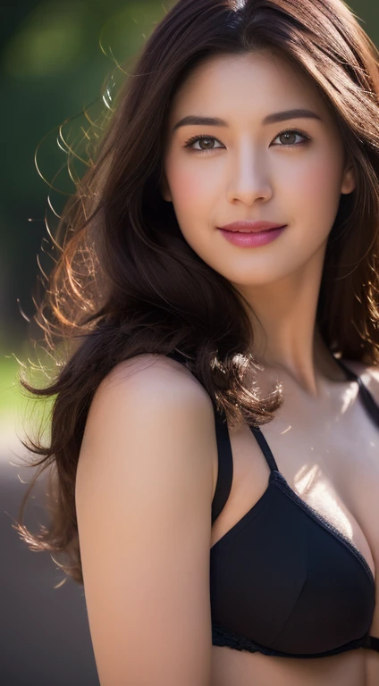 Woman in purple bikini,lens flare、(8k、original、professional、Top quality、masterpiece:1.2)、(realism、Photorealistic:1.37)、Super detailed、(25mm Portrait Front View)、(Highest detail skin:1.2)、(Extremely detailed face:1.2)、cinematography lighting、1 woman、Black long curly hair、(wind)、warm white light、Sweet smile、Frontal Shot、((Top quality、8k、masterpiece:1.3))、Beautiful Women in Perfect Shape:1.4、Slim abdominal muscles:1.3、((Dark brown hair、Big Breasts:1.5))、Highly detailed face and skin texture、Delicate eyes、Double eyelids,(Purple clothes,Off-shoulder)