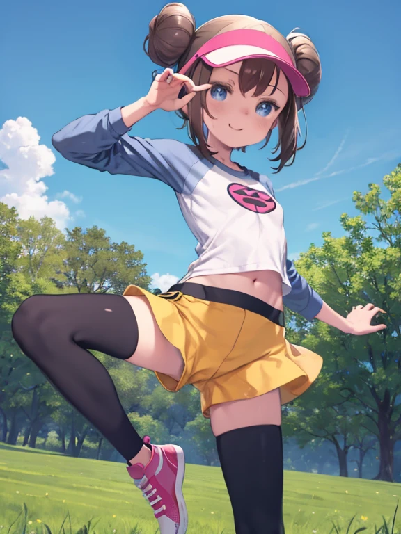 Tabletop、highest quality、High resolution、1 girl、alone、low length、Thin legs、belly button、A shy smile、、Dark brown hair、Hair Bun、blue eyes、Long twin tails、Visor Cap、((Black knee socks))、Raglan sleeves、((Yellow shorts))、shirt、Pink Ribbon、clock、plateau、overgrown with grass、A photo of the subject viewed from below、Are standing、Acrobatic pose、Superperspective、Sexual pose