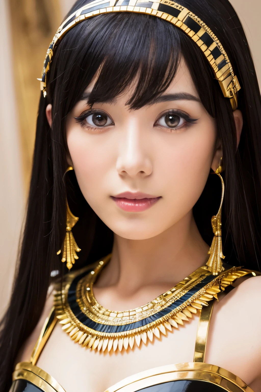 Masterpiece, high quality, high resolution, 8K, Skinny Japanese woman in a costume of Cleopatra, beautiful face, makeup of Cleopatra, detailed face, detailed eyes