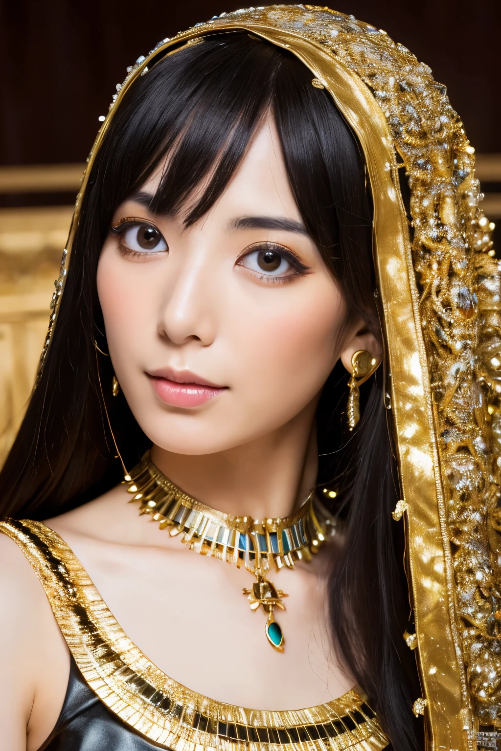 Masterpiece, high quality, high resolution, 8K, Skinny Japanese woman in a costume of Cleopatra, beautiful face, makeup of Cleopatra, detailed face, detailed eyes