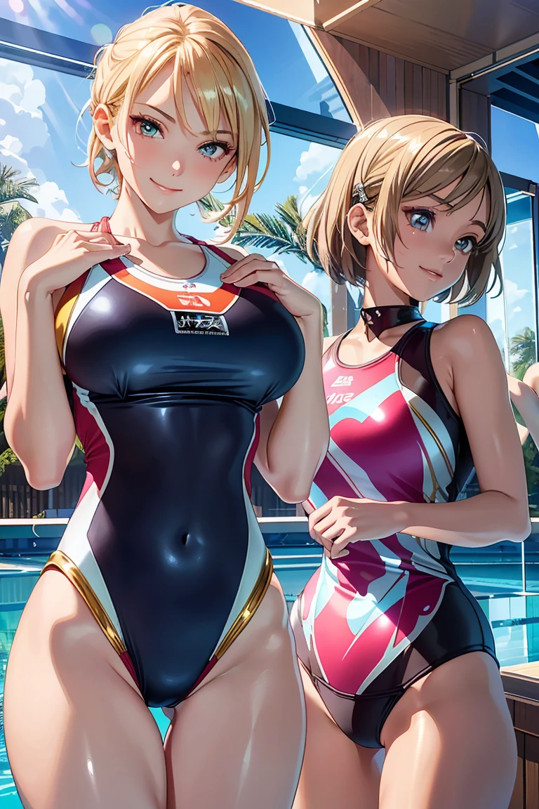 extremely detailed CG, super detailed skin, perfect anatomy, dynamic lighting, beautiful detailed eyes, (1girl:1.6), Outstanding smile、 teenage woman、Japanes、huge breast、short hair、(Shiny skin:1.4)、sexy pose, Esbian all over、(Competition swimwear:1.5), (One piece swimsuit:1.2), (High leg swimsuit:1.2), (Reflection of light:1.4), High leg panties,