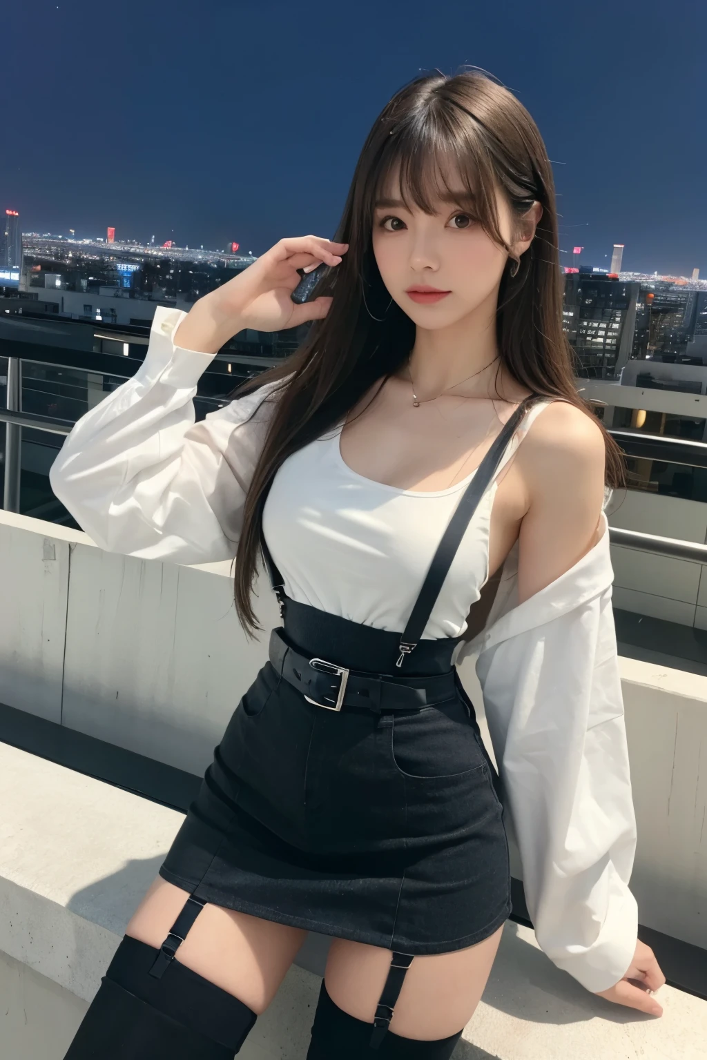 ((Midnight, highest quality, 8k, masterpiece :1.3)), whole body, Long legs, Sharp focus :1.2, Beautiful woman with perfect figure :1.4, Slim Abs :1.1, ((Dark brown hair, Big Breasts :1.2)), (White tight T-shirt, Jean Bib, Are standing:1.2), ((Night city view, rooftop:1.3)), Very detailedな顔と肌の質感, Fine grain, Double eyelids one girl,highest quality,masterpiece,figure,Very delicate and beautiful,CG,Unity,8k wallpaper,wonderful,In detail,masterpiece,Official Art,Very detailed CG Unity 8k wallpaper,Incredibly absurd,Large file size,Very detailedな,High resolution,Very detailed,Beautiful detailed girl,Realistic,from the front,Outdoor, suspenders Large swollen breasts Black mini skirt garter belt Knee-high socks bangs Beauty Hands up Black boots one person Dress shirt Hands Behind Back put your hands behind your back With your hands behind your back Armament holster A room at the Belt Hotel Bed Wall side