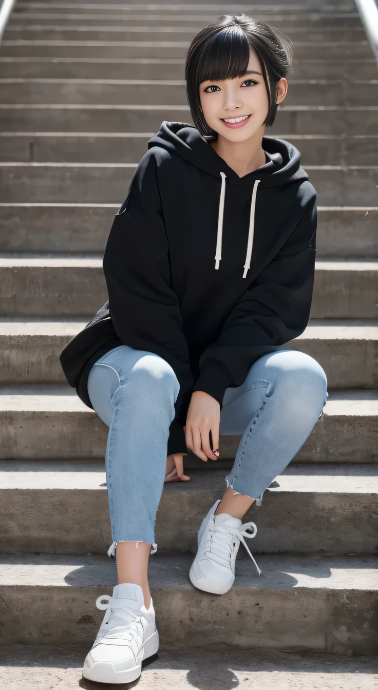 highest quality, Realistic, Very detailed, Finer details, High resolution, 8k wallpaper, One beautiful woman,Sit on the stairs、 Oversized hoodie, Black skinny jeans, White sneakers、Putting on socks、Black Hair、 Beautiful Bangs、ear piercing、smile、Beautiful teeth alignment、Short Haircut、Perfect dynamic composition, Beautiful and detailed, Full Body Shot, A big smile